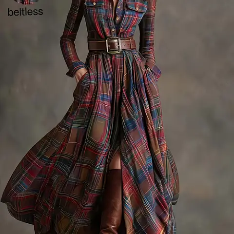 Temu ad: Women's Elegant And Fashionable Plaid Vintage Long Dress, Featuring An…