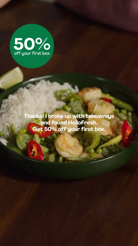 HelloFresh ad: Get 50% off your first box and free treats for 2 months