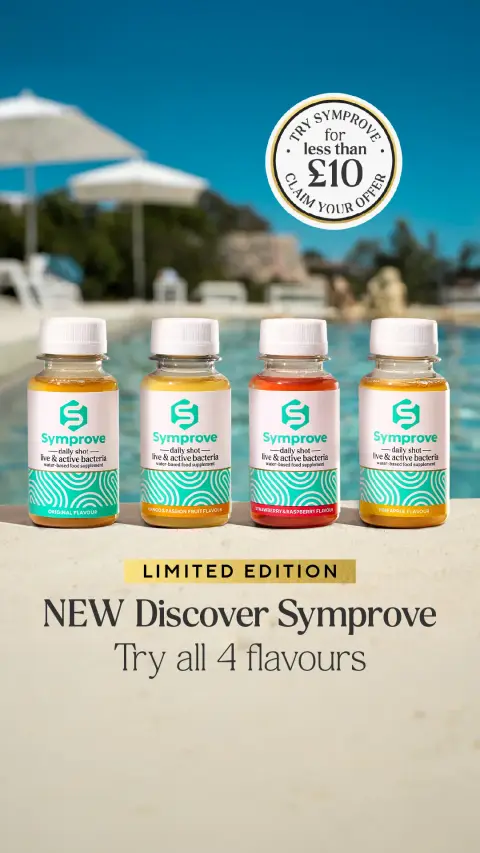 Symprove ad: Four flavours to discover · for less than £10