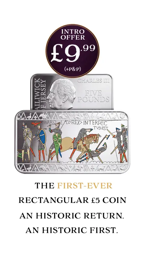 The Westminster Collection ad: Celebrate the Bayeux Tapestry's return with the FIRST rectangular £5 coin