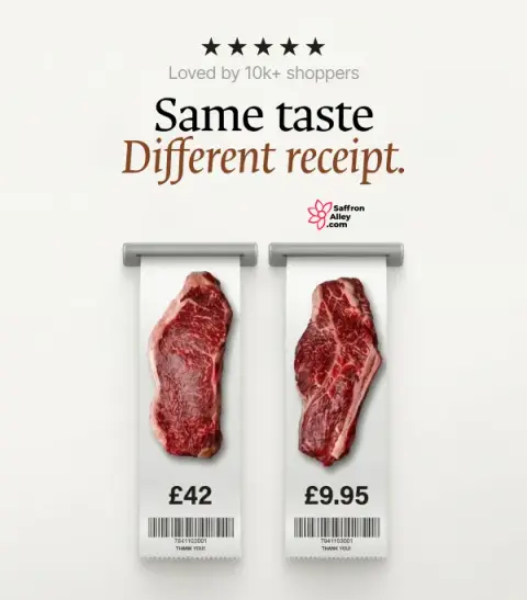 Saffron Alley ad: Get fresh Halal meat delivered by tomorrow. Free shipping on orders £40+.