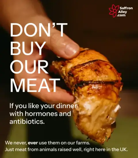 Saffron Alley ad: Get fresh Halal meat delivered by tomorrow. Free shipping on orders £40+.