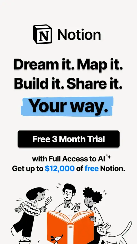 Notion ad: Where thoughtful work happens. Limited Time Free 3 Month* Trial with Full…