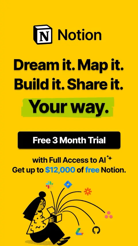 Notion ad: Where thoughtful work happens. Limited Time Free 3 Month* Trial with Full…