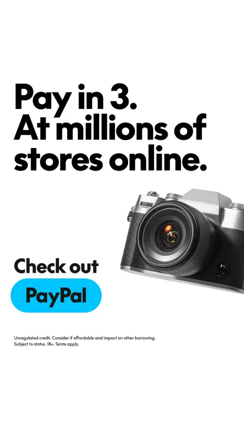 PayPal ad: Pay in 3 online.