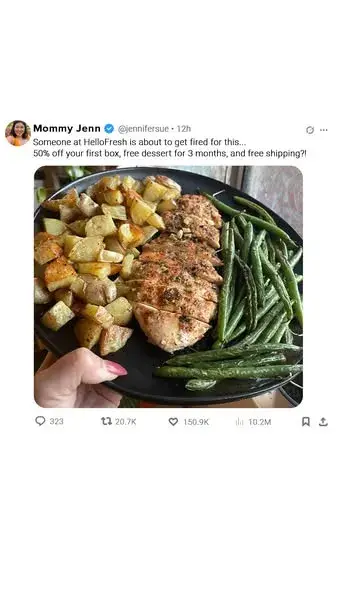 HelloFresh ad: Get 50% Off Your First Box | Plus Free Dessert For 3 Months